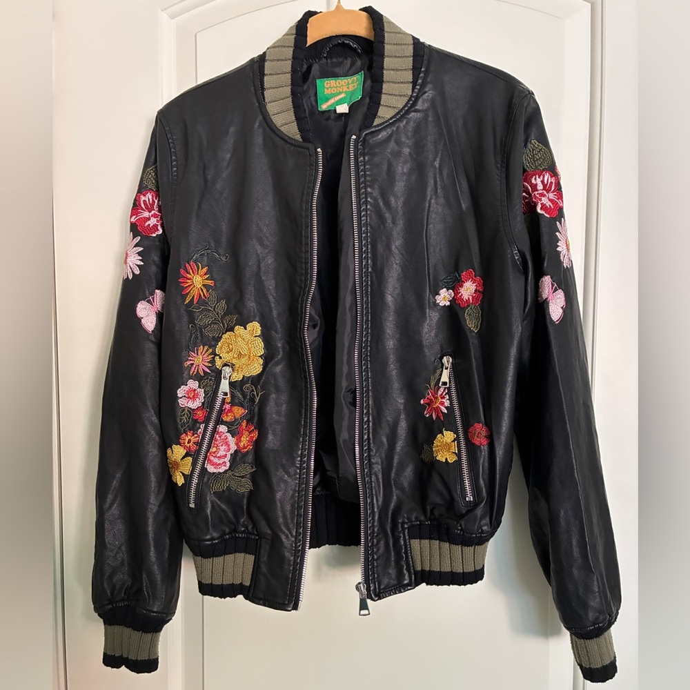 Groovy Monkey Floral Embroidered Black Bomber Jacket Sz S